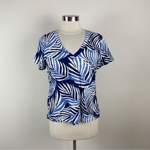 Sigrid Olsen Blue White Tropical Floral Short Sleeve Cotton Shirt Top Medium